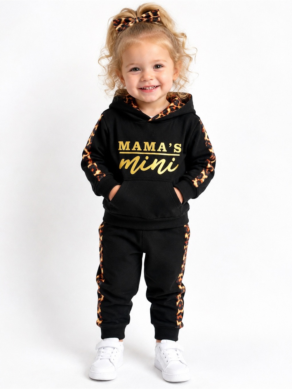 Mama's Mini Black & Leopard Trim Girl’s Sweatsuit-2T